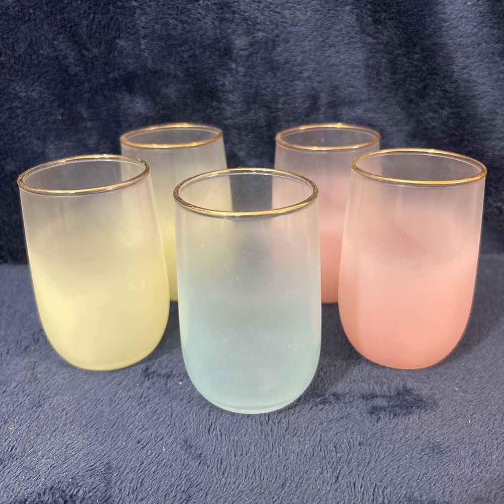 Set of 5 Multicolor Ombre Frosted Glass Tumbler Glasses Gold-Tone Rim